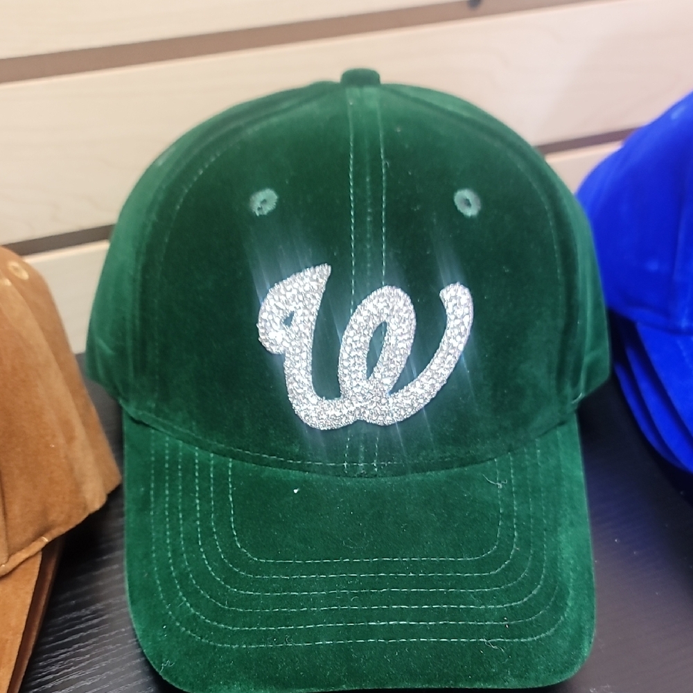 W-Green Velvet Cap with Rhinestone Logo